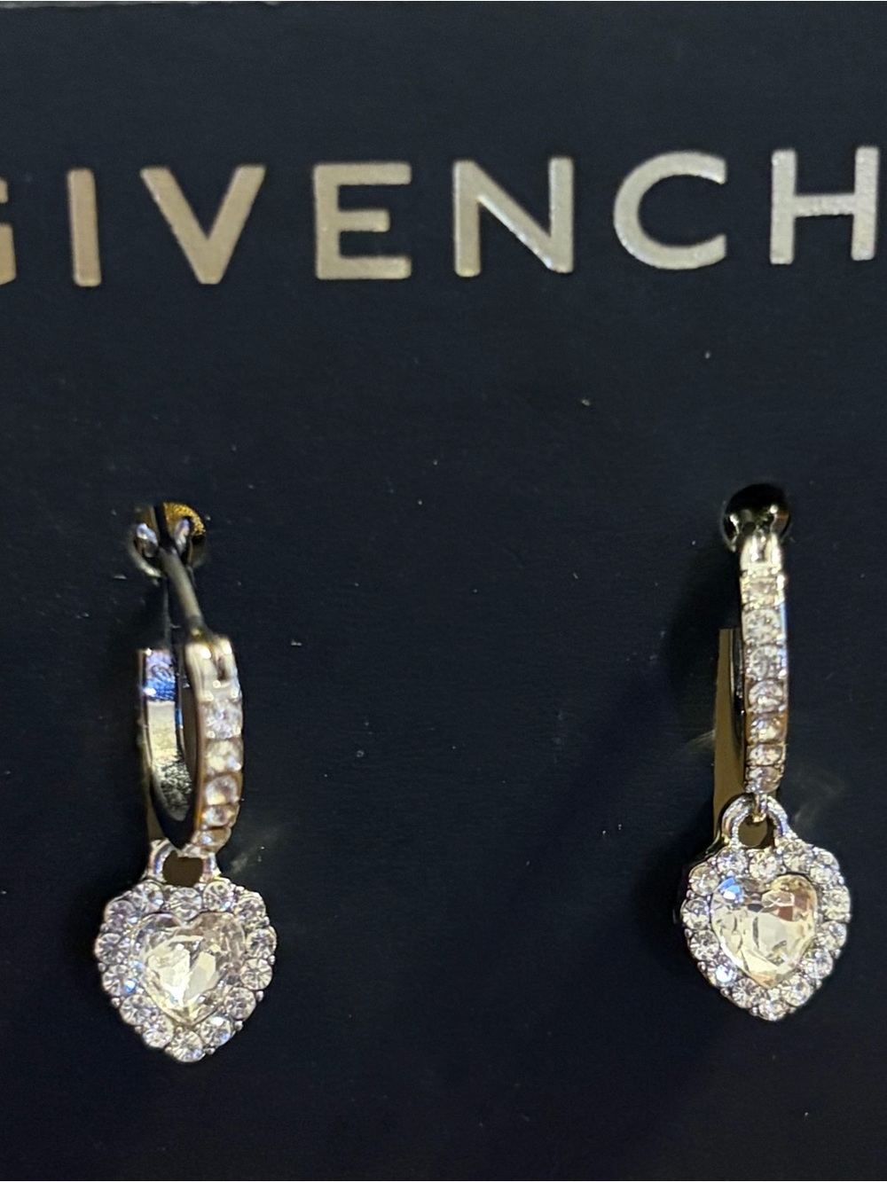 Givenchy Silver Heart Crystal Drop Earrings NWOT